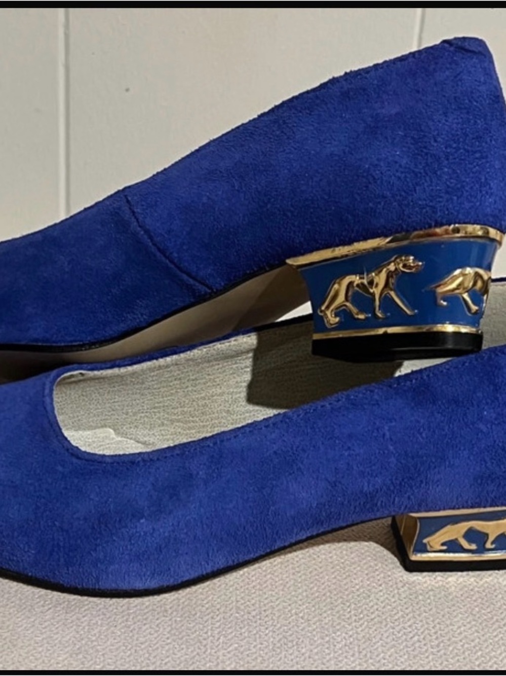 Royal Blue Suede Low Block Heel Pumps with Gold Accent